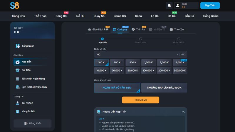 Hướng dẫn chi tiết các bước nạp tiền S8