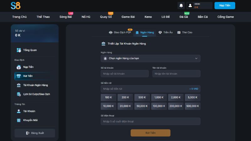 Chi tiết các bước rút tiền S8 nhanh chóng