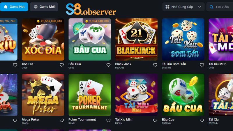 Sảnh game bài S8 - Top 3 tựa game không thể bỏ lỡ